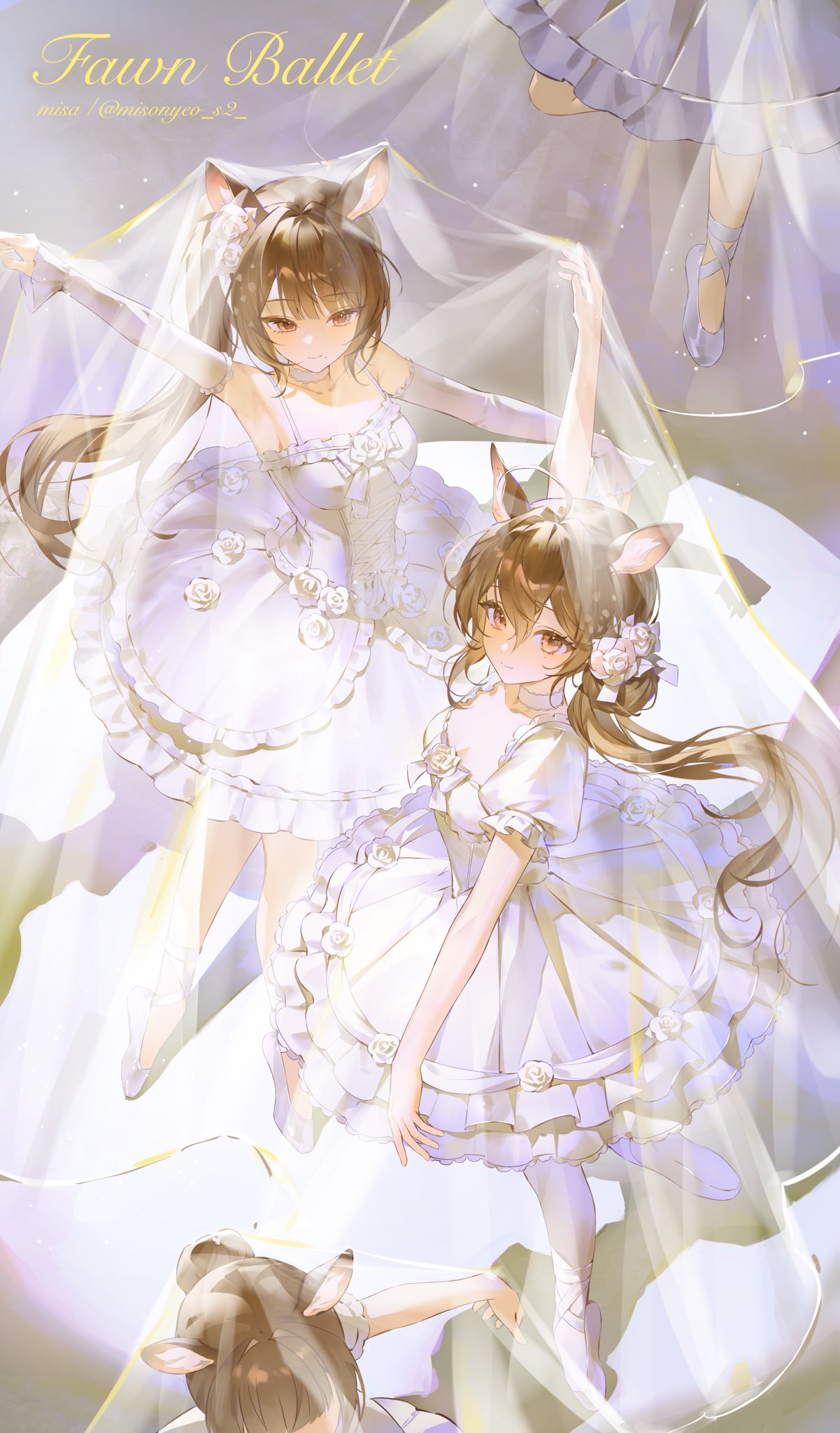 misa (misonyeo s2), original, commentary, english commentary, highres, 4girls, ahoge, animal ear fluff, animal ears, ballerina, ballet, ballet slippers, breasts, brown eyes, brown hair, closed mouth, dancing, deer ears, deer girl, dress, en pointe, english text, floating hair, flower, hair between eyes, hair flower, hair ornament, long hair, looking at viewer, medium breasts, mole, mole under eye, mole under mouth, multiple girls, outstretched arms, ponytail, puffy short sleeves, puffy sleeves, rose, short sleeves, smile, twitter username, very long hair, white dress, white flower, white rose