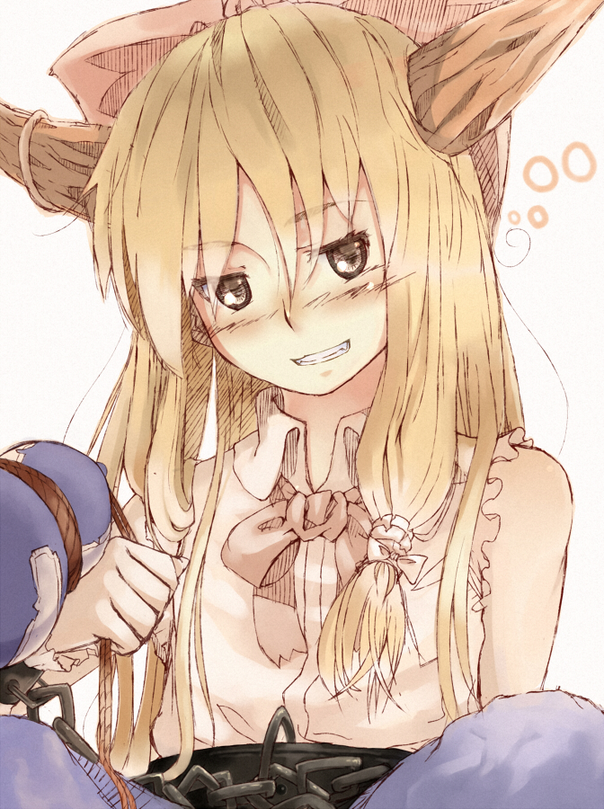 ochau, ibuki suika, touhou, bad id, bad pixiv id, 1girl, blonde hair, bow, drunk, female focus, grin, hair bow, horns, smile, solo