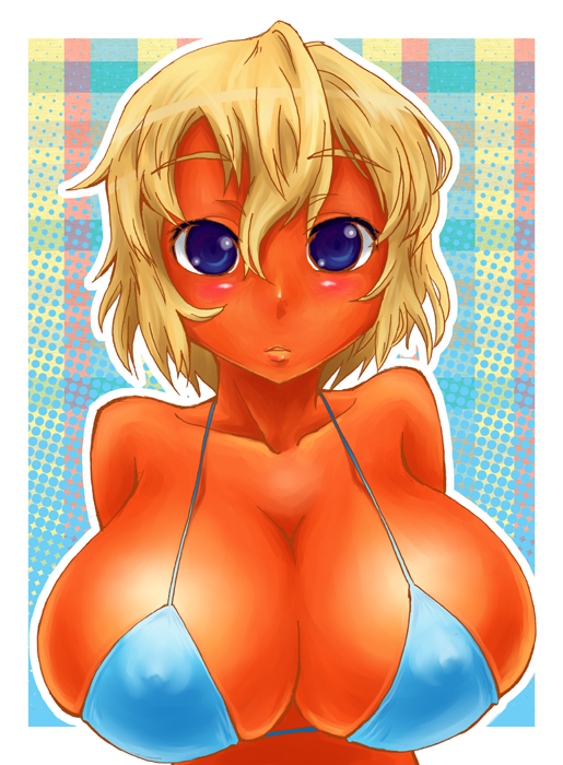 qzo (akai kitsune), original, 1girl, bikini, bikini top only, blonde hair, blue eyes, breasts, bursting breasts, cleavage, dark-skinned female, dark skin, female focus, huge breasts, short hair, solo, swimsuit