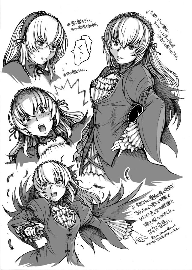 tsuda nanafushi, suigintou, rozen maiden, translation request, 00s, aged up, feathers, gothic lolita, greyscale, lolita fashion, long hair, monochrome, wings