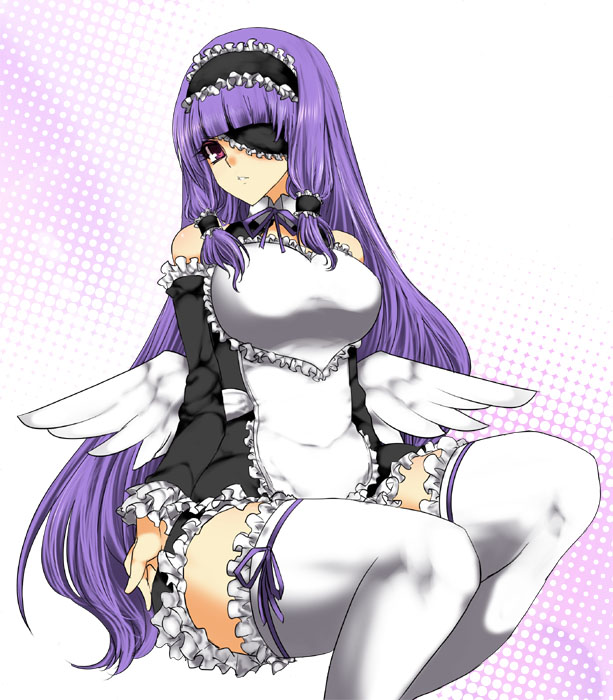 aoguu, mari (dream c club), dream c club, dream c club (series), bad id, bad pixiv id, 1girl, bare shoulders, breasts, detached sleeves, eyepatch, female focus, large breasts, long hair, maid, purple hair, red eyes, solo, thighhighs, wings