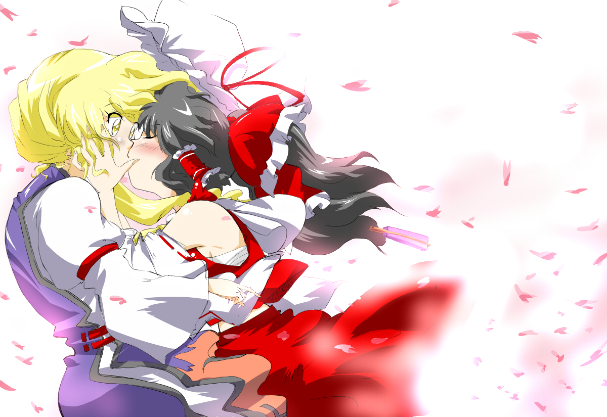 non (z-art), hakurei reimu, yakumo yukari, touhou, bad id, bad pixiv id, 2girls, blonde hair, blush, brown hair, female focus, japanese clothes, kiss, long hair, miko, multiple girls, ribbon, surprised, yellow eyes, yuri