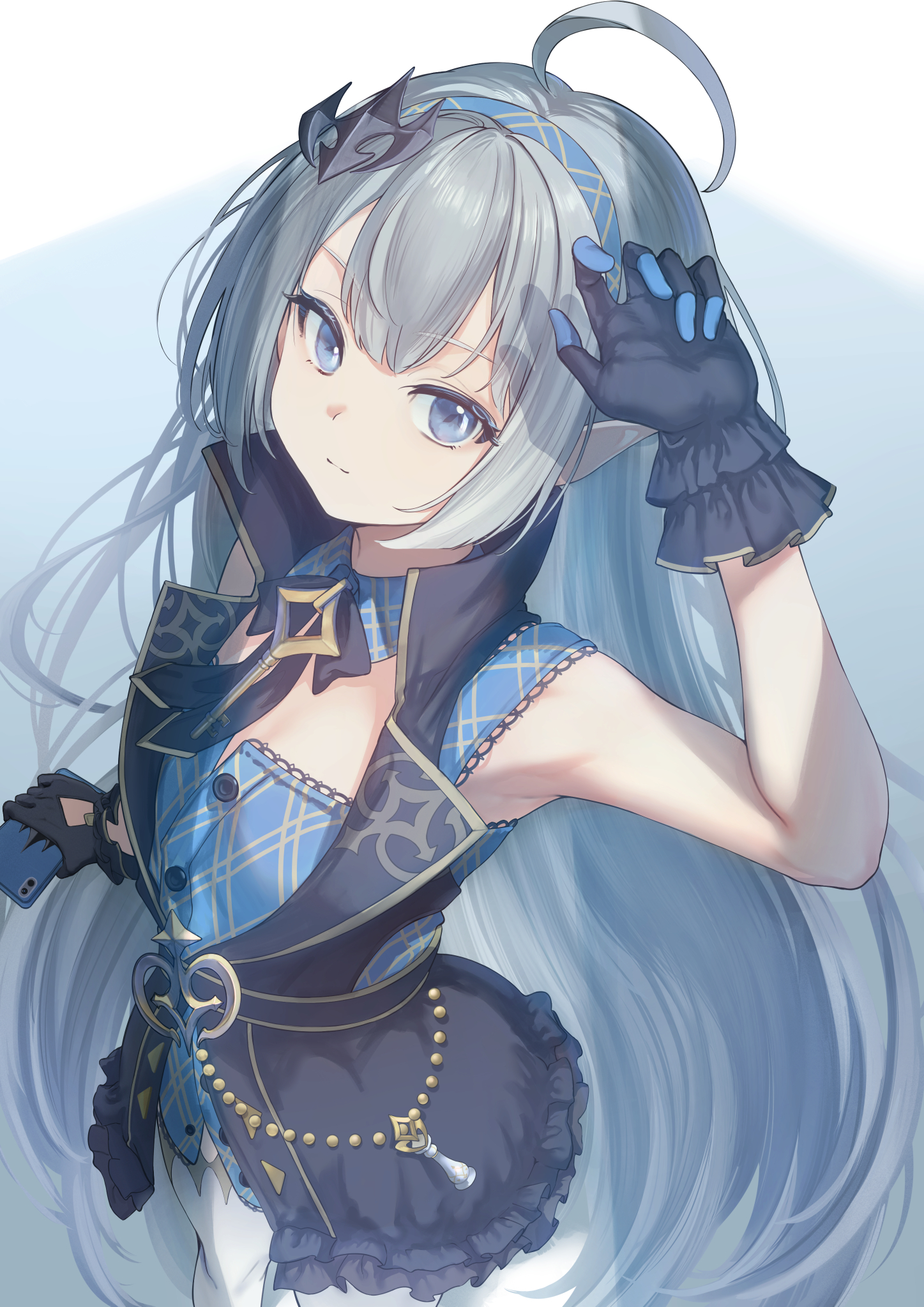 marulire, female tyrant (stella sora), tyrant (stella sora), stella sora, commentary, highres, 1girl, ahoge, black dress, black gloves, blue dress, blue eyes, blue hairband, breasts, cellphone, dress, from above, gloves, grey hair, hairband, holding, holding phone, layered dress, long hair, looking at viewer, looking up, phone, pointy ears, sleeveless, sleeveless dress, small breasts, smartphone, smile, solo, standing, thighhighs, white thighhighs