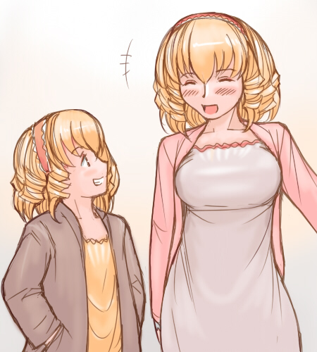 tsuda nanafushi, hinaichigo, rozen maiden, lowres, 00s, 2girls, aged up, blonde hair, blush, breasts, casual, grin, hairband, hand in pocket, large breasts, multiple girls, ringlets, siblings, sisters, smile