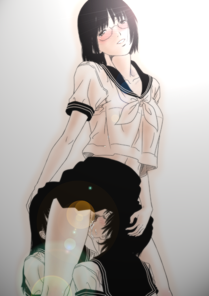 gusu, original, 3girls, anilingus, blush, breasts, brown eyes, cunnilingus, female pubic hair, fff threesome, glasses, group sex, hand on another's head, lens flare, long hair, medium breasts, multiple girls, no panties, oral, oral sandwich, pink theme, pubic hair, pussy, pussy juice, school uniform, sepia, serafuku, short hair, skirt, standing, standing cunnilingus, threesome, uncensored, yuri