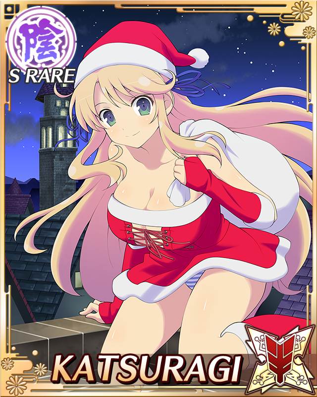 katsuragi (senran kagura), senran kagura, senran kagura new wave, game cg, official art, third-party source, 1girl, blonde hair, blue ribbon, boots, border, breasts, bridal gauntlets, card (medium), character name, christmas, cleavage, closed mouth, dress, fur-trimmed boots, fur-trimmed bridal gauntlets, fur-trimmed dress, fur-trimmed headwear, fur trim, green eyes, hair over shoulder, hair ribbon, hat, holding, holding sack, large breasts, leaning forward, long hair, night, night sky, panties, pantyshot, red bridal gauntlets, red dress, red hat, ribbon, rooftop, sack, santa costume, santa dress, santa hat, sky, smile, solo, striped clothes, striped panties, underwear, very long hair