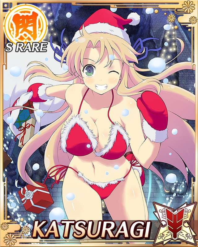 katsuragi (senran kagura), senran kagura, senran kagura new wave, game cg, official art, third-party source, 1girl, bikini, blonde hair, blue ribbon, border, box, breasts, card (medium), character name, christmas lights, cleavage, clenched teeth, fur-trimmed bikini, fur-trimmed mittens, fur trim, gift, gift box, green eyes, grin, hair ribbon, hat, holding, holding sack, large breasts, long hair, looking at viewer, midair, mittens, navel, night, one eye closed, red bikini, red hat, red mittens, ribbon, sack, santa bikini, santa costume, santa hat, smile, snowing, solo, swimsuit, teeth, very long hair