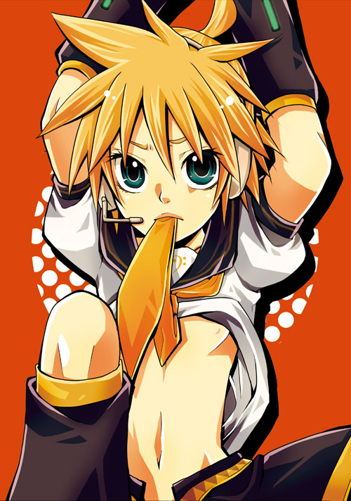 kagamine len, vocaloid, 1boy, headphones, male focus, necktie, short hair, shota, solo