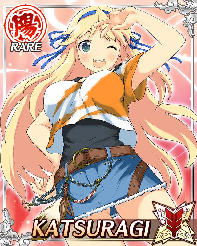 katsuragi (senran kagura), senran kagura, senran kagura new wave, game cg, official art, third-party source, 1girl, :d, arm up, belt, black tank top, blonde hair, blue ribbon, border, breasts, card (medium), character name, denim, denim skirt, gluteal fold, green eyes, hair ribbon, hand on own hip, large breasts, light blush, long hair, looking at viewer, multicolored shirt, one eye closed, open mouth, ribbon, skirt, smile, solo, tank top, v, v over head, very long hair