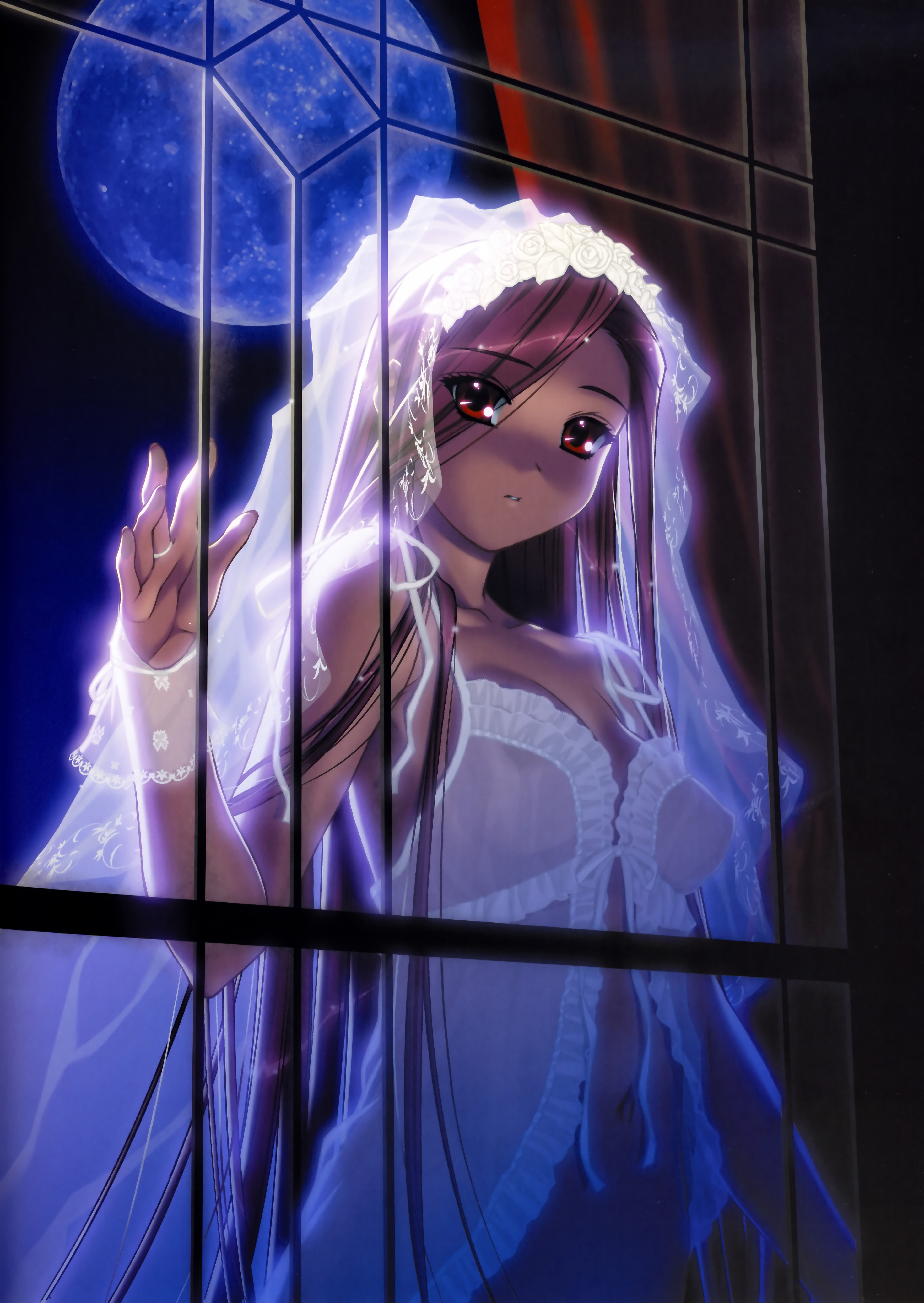 ino (magloid), kiryuu iyori, izayoi no hanayome, absurdres, highres, non-web source, scan, 1girl, brown hair, dark, female focus, moon, navel, night, nightgown, parted lips, red eyes, solo, veil, window