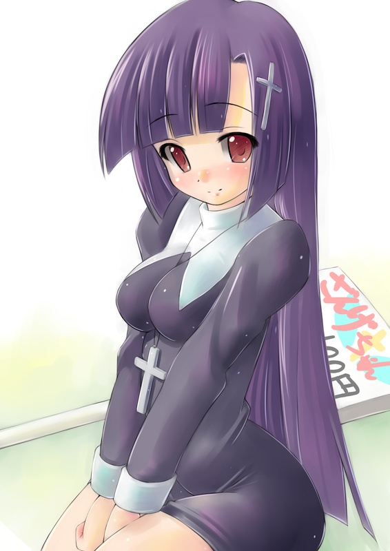 kourourin, zange, kannagi, 00s, 1girl, brown eyes, cross, female focus, japanese clothes, long hair, miko, nun, purple hair, solo