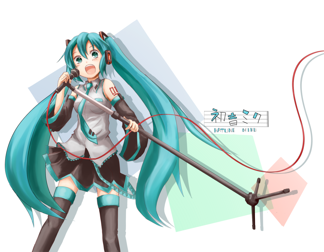 kokotetsu, hatsune miku, vocaloid, bad id, bad pixiv id, aqua eyes, aqua hair, blue eyes, blue hair, blush, detached sleeves, headphones, long hair, microphone, microphone stand, music, necktie, singing, skirt, solo, thighhighs, twintails, very long hair, zettai ryouiki