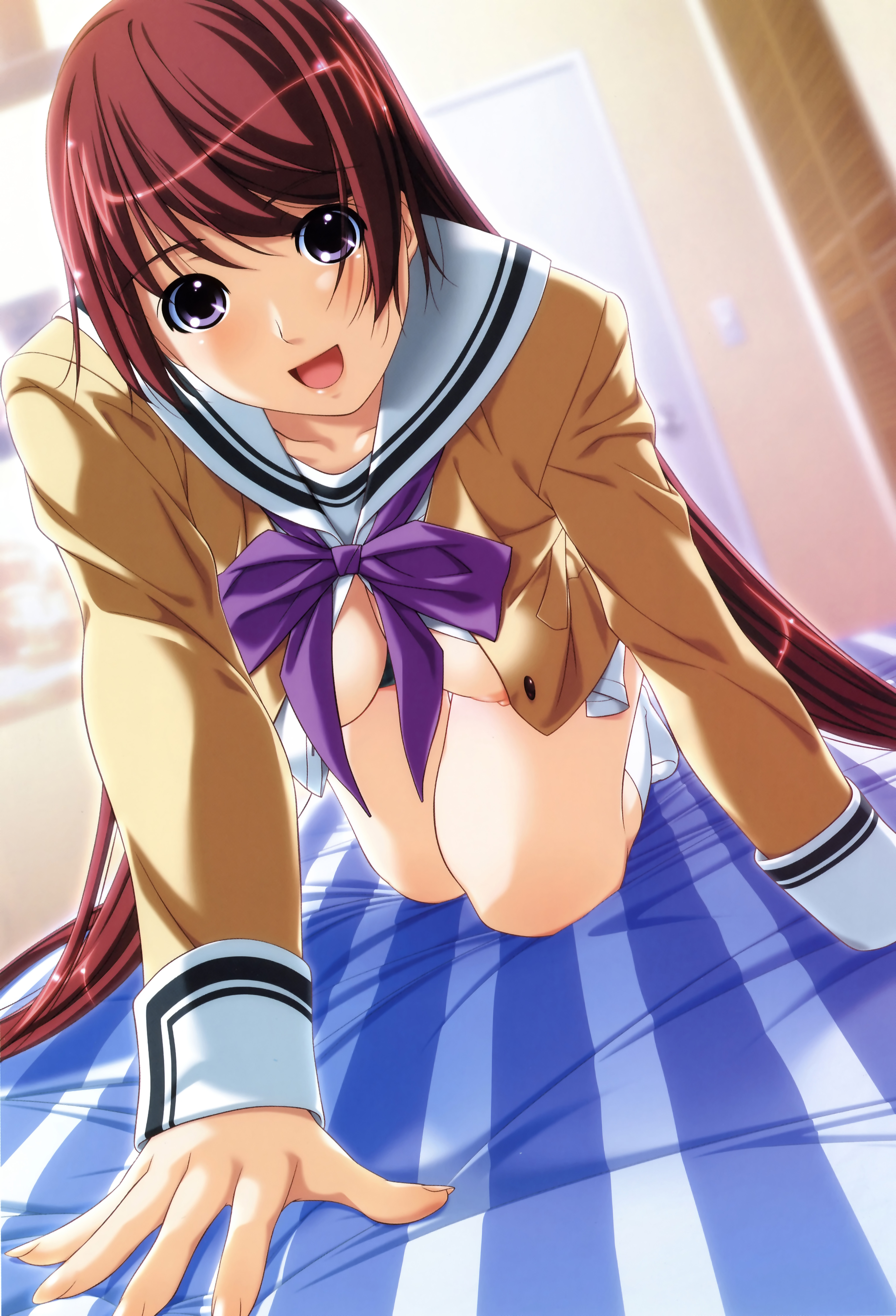 ino (magloid), anjou marine, sister scheme, absurdres, highres, non-web source, 1girl, all fours, blush, breasts, female focus, hanging breasts, long hair, nipples, open clothes, open mouth, open shirt, purple eyes, red hair, shirt, smile, solo, very long hair