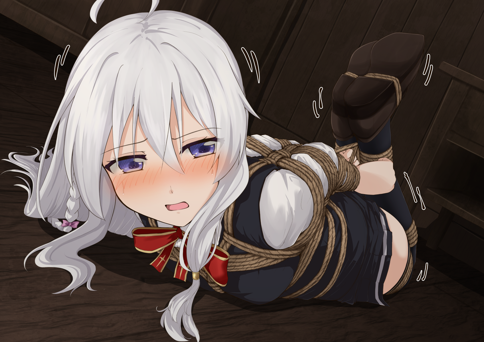 femuto, elaina (majo no tabitabi), majo no tabitabi, highres, ahoge, arms behind back, bdsm, black thighhighs, blush, bondage, bound, bow, bowtie, braid, breasts, collared shirt, crying, crying with eyes open, grey hair, hogtie, long hair, looking at viewer, lying, on stomach, open mouth, purple eyes, red bow, red bowtie, restrained, shibari, shibari over clothes, shirt, shoes, skindentation, small breasts, tears, thighhighs, white shirt, zettai ryouiki