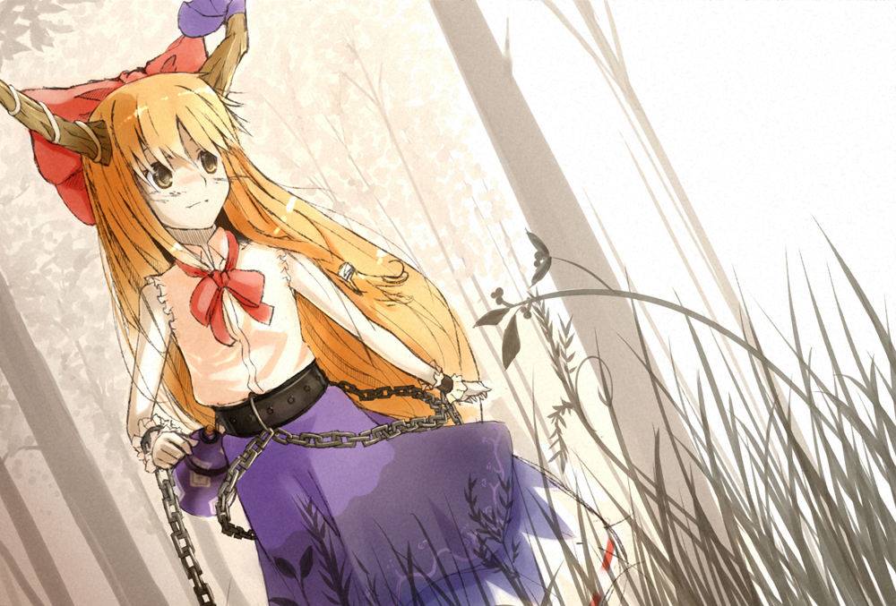 ochau, ibuki suika, touhou, bad id, bad pixiv id, 1girl, bare shoulders, brown eyes, chain, female focus, gourd, grass, horns, long hair, orange hair, shirt, sleeveless, sleeveless shirt, smile, solo