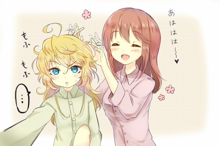 youda (seravichacha), tanya degurechaff, viktoriya ivanovna serebryakov, youjo senki, commentary request, …, 2girls, ahoge, arrow (symbol), blonde hair, blue eyes, blush, border, breasts, brown hair, buttons, clenched hand, closed eyes, collared shirt, flower, green pajamas, green shirt, hair between eyes, hands up, huge ahoge, long hair, long sleeves, looking at viewer, medium breasts, multiple girls, open mouth, outside border, pajamas, pink flower, pink pajamas, pink shirt, shirt, sidelocks, simple background, smile, sparkle, speech bubble, spoken ellipsis, sweatdrop, teeth, tongue, upper body, wavy hair, white border, yellow background