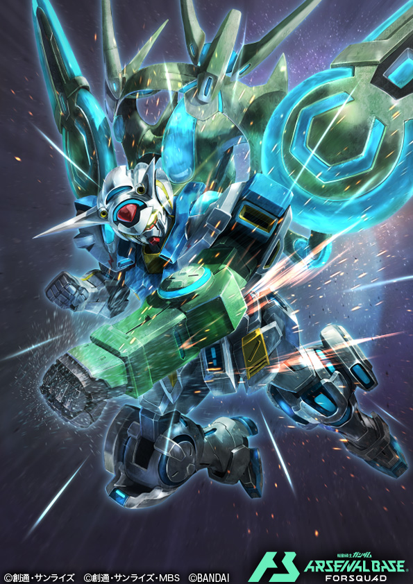 hukutuuprunes, g-self, gundam, gundam arsenal base, gundam g no reconguista, official art, card (medium), copyright logo, copyright name, copyright notice, g-self perfect pack, glowing, glowing eyes, logo, mecha, mobile suit, no humans, robot, v-fin