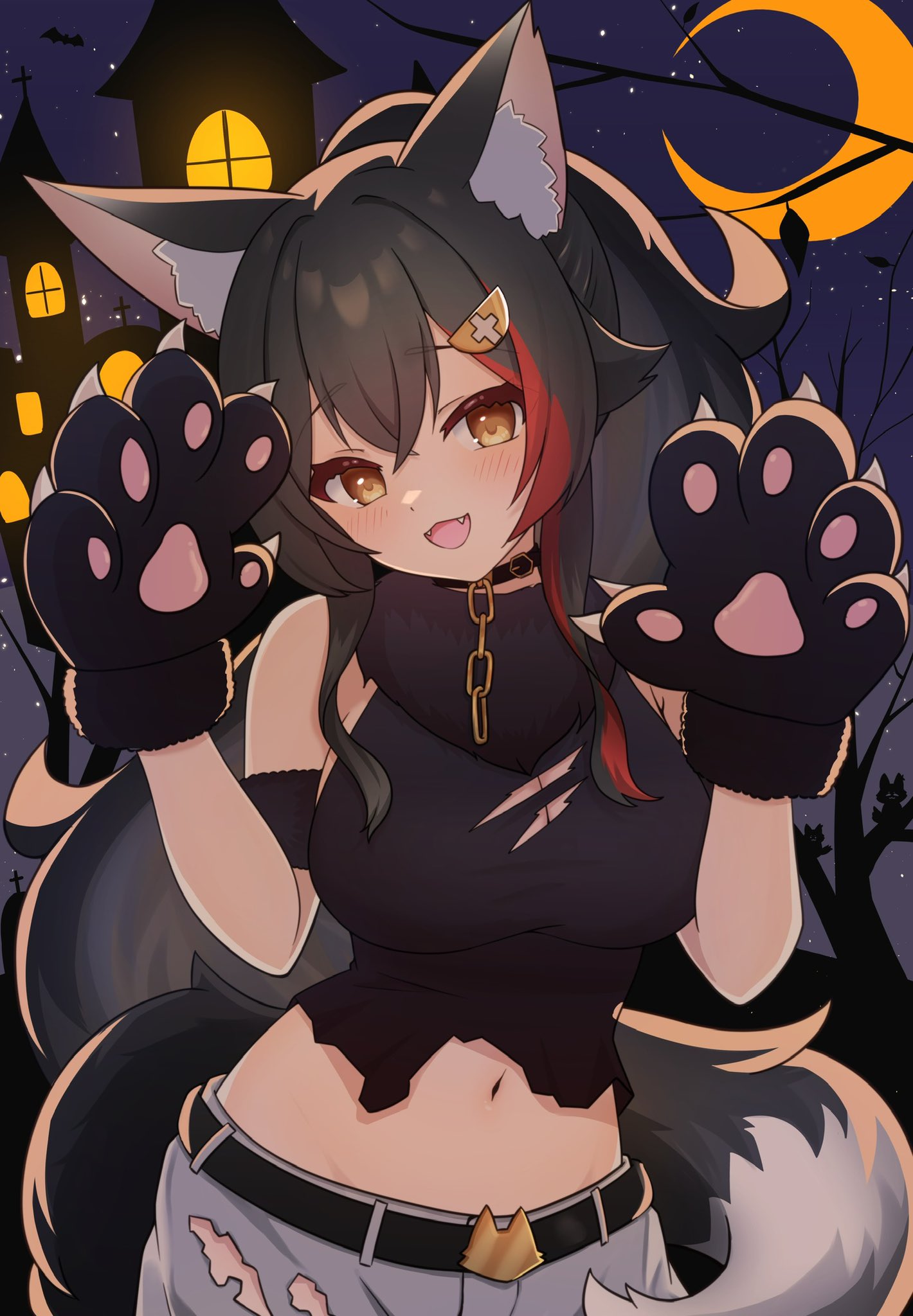 ookami mio, hololive, highres, 1girl, animal ear fluff, animal ears, animal hands, belt, black belt, black collar, black hair, black shirt, collar, cowboy shot, crescent moon, crossed bangs, double-parted bangs, fangs, fur collar, gab (gabgab fa), gloves, hair between eyes, hair ornament, halloween, hands up, long hair, looking at viewer, midriff, moon, multicolored hair, navel, night, open mouth, paw gloves, ponytail, red streaks, shirt, shorts, sleeveless, sleeveless shirt, smile, solo, streaked hair, tail, torn clothes, very long hair, virtual youtuber, white shorts, wolf ears, wolf girl, wolf tail, yellow eyes