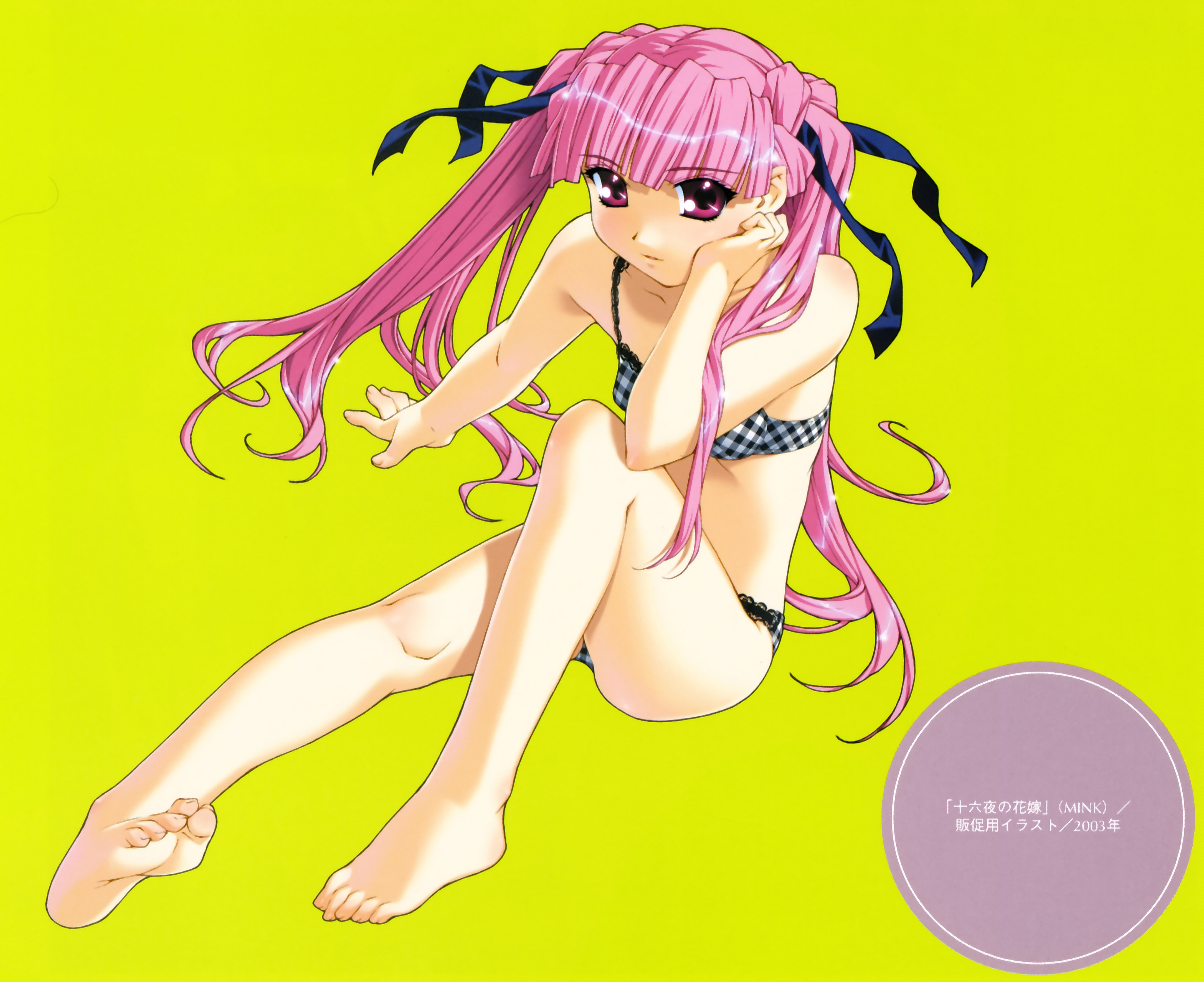 ino (magloid), tsuge ayami, izayoi no hanayome, toe-point, absurdres, highres, non-web source, scan, 1girl, barefoot, bra, feet, female focus, legs, lingerie, panties, pink hair, purple eyes, soles, solo, toes, twintails, underwear, underwear only