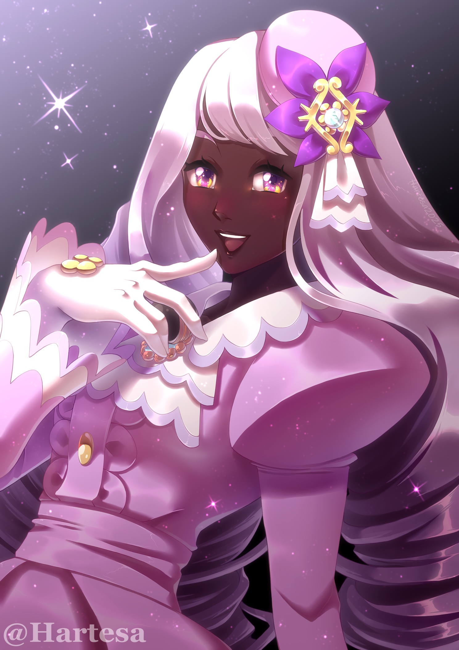 hartesa, jacinthe (pokemon), nintendo, pokemon, pokemon legends: z-a, highres, 1girl, ascot, dark-skinned female, dark skin, dress, fascinator, frilled ascot, frills, glove bow, gloves, juliet sleeves, long hair, long sleeves, looking at viewer, low drills, mega stone, open mouth, puffy sleeves, purple dress, purple eyes, purple hair, smile, solo, sparkle, very dark skin, white gloves