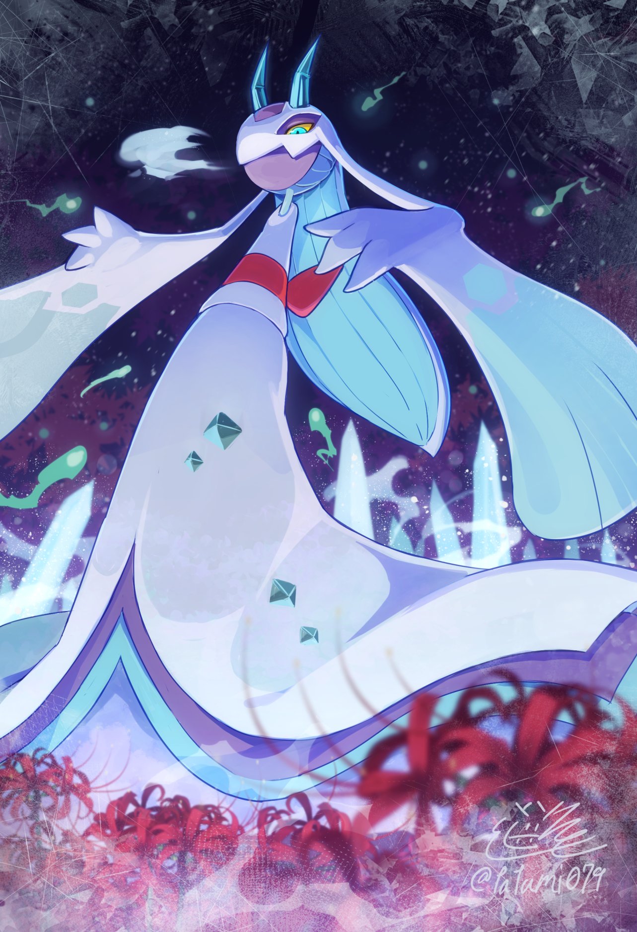 tatsumi (panneko), froslass, mega froslass, nintendo, pokemon, highres, blue eyes, blue sclera, breath, closed mouth, colored sclera, flower, gen 4 pokemon, horns, ice, ice horns, looking at viewer, mega pokemon, night, night sky, no humans, pokemon (creature), pokemon focus, sash, sky, solo, spider lily, yellow sclera