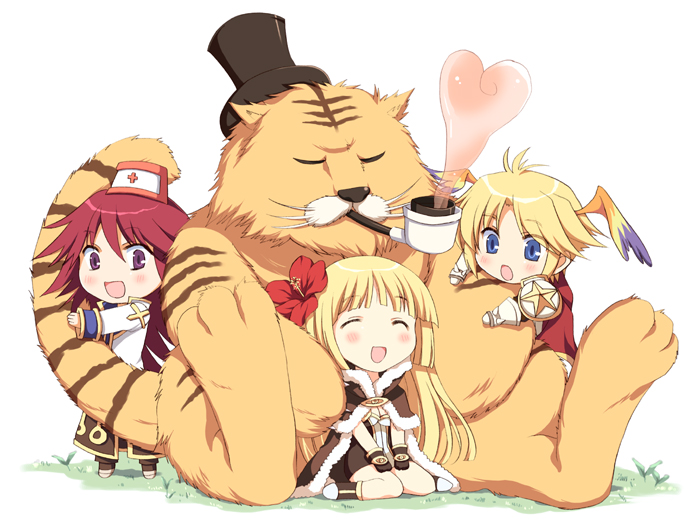 odawara hakone, eddga, high priest (ragnarok online), high wizard (ragnarok online), lord knight (ragnarok online), ragnarok online, 1girl, 2boys, chibi, happy, hat, kiseru, multiple boys, smoking pipe, tiger