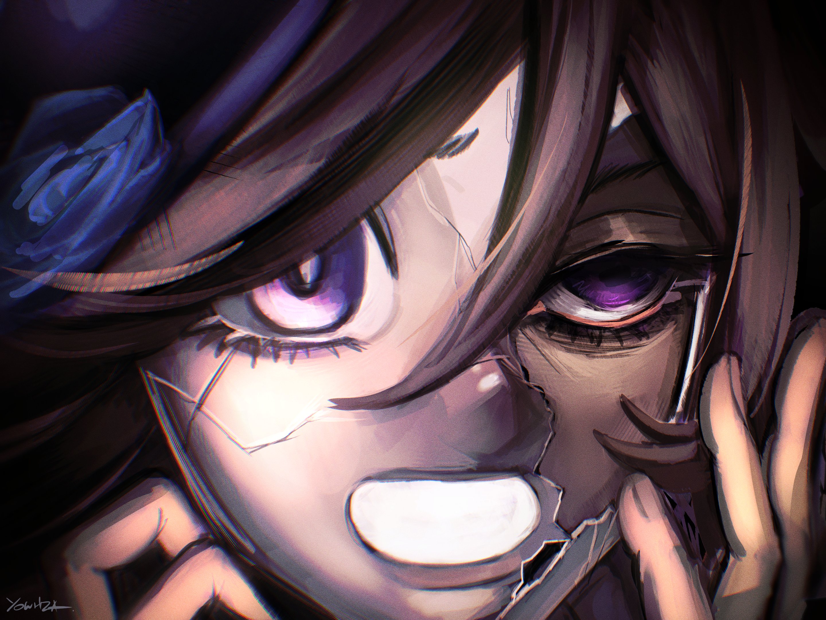 yowhza, rice shower (umamusume), umamusume, highres, 1girl, blue flower, blue rose, broken mask, brown hair, close-up, crack, cracked kawaii mask, cracked mask, flower, hair over one eye, hand on own face, hands on own face, hat, hat flower, horse girl, long hair, looking at viewer, mask, portrait, purple eyes, rose, solo, tilted headwear