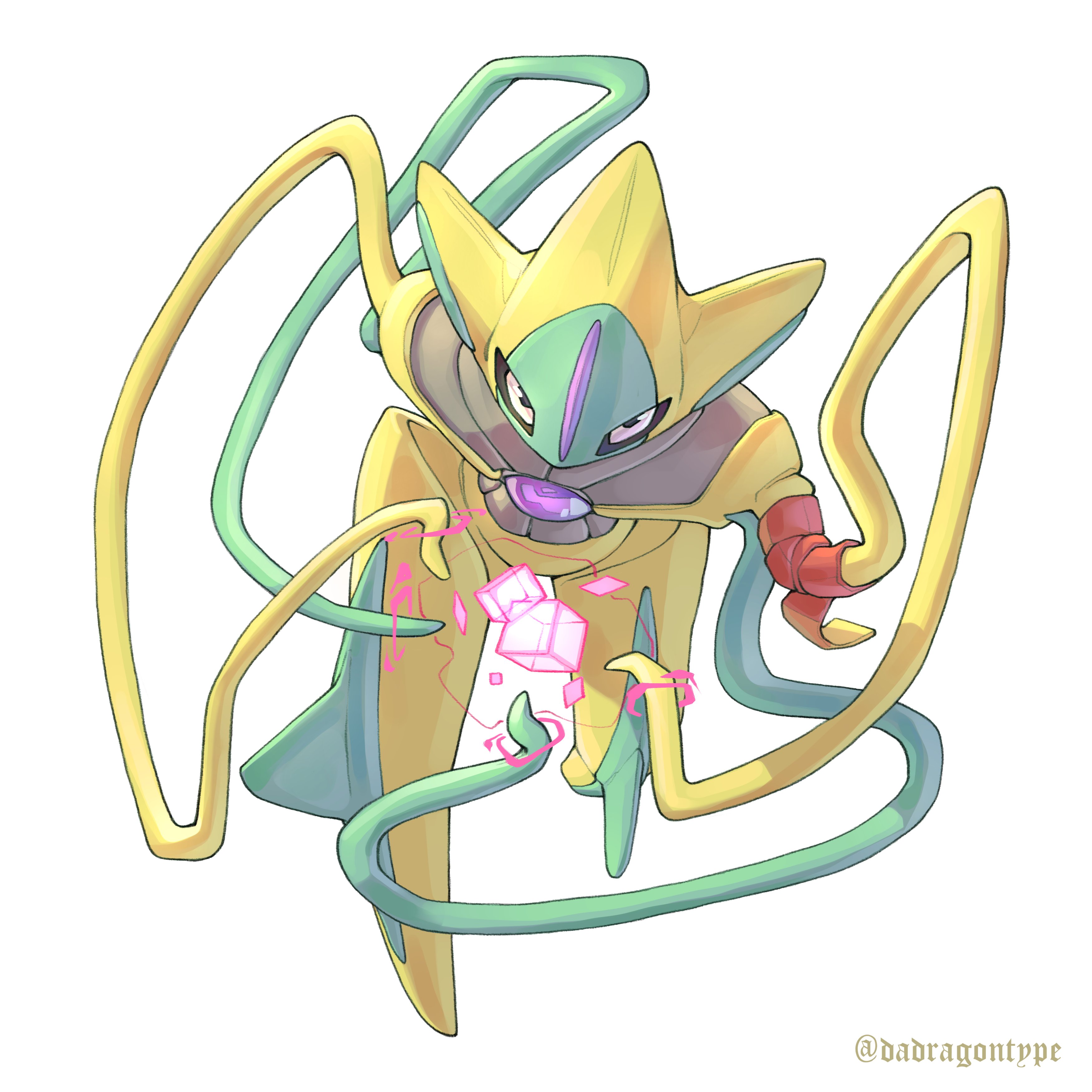 dadragontype2, deoxys, deoxys (attack), nintendo, pokemon, absurdres, highres, alternate color, alternate form, black sclera, colored sclera, gen 3 pokemon, holding, looking at viewer, mythical pokemon, no humans, pokemon (creature), pokemon focus, shiny pokemon, simple background, solo, tentacles, white background