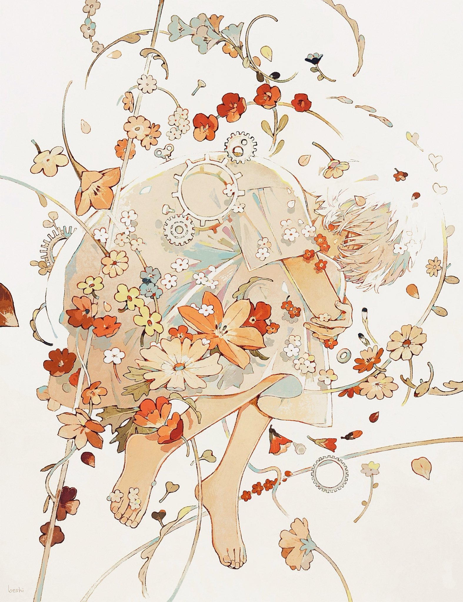 ka (996beshi), original, highres, 1boy, barefoot, fetal position, flower, full body, gears, male focus, orange flower, red flower, short hair, solo, white hair, yellow flower