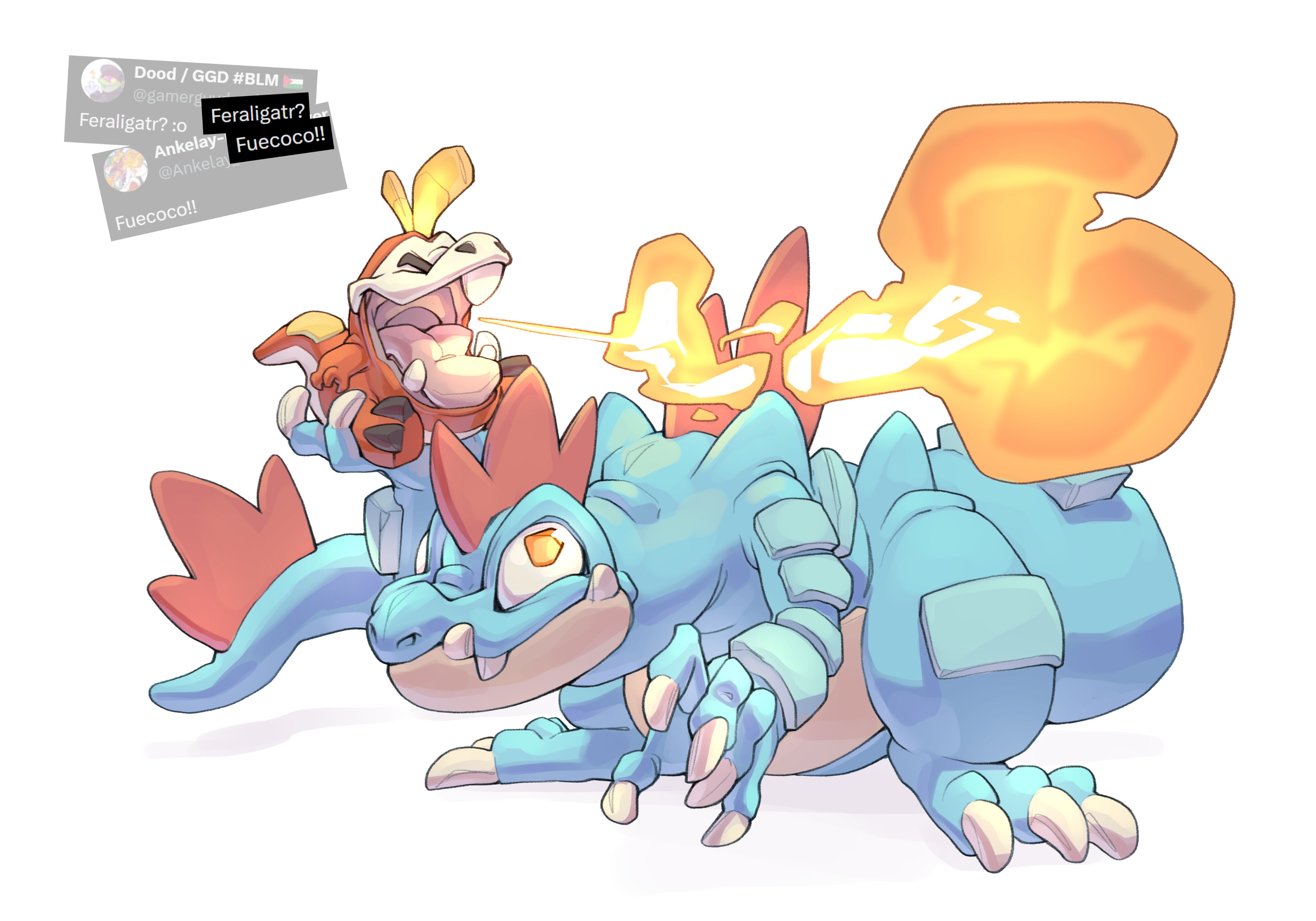 dadragontype2, feraligatr, fuecoco, nintendo, pokemon, absurdres, highres, animal focus, breath weapon, breathing fire, claws, closed eyes, closed mouth, crocodilian, fangs, fire, gen 2 pokemon, no humans, open mouth, pokemon (creature), pokemon focus, sharp teeth, spines, tail, teeth, yellow eyes