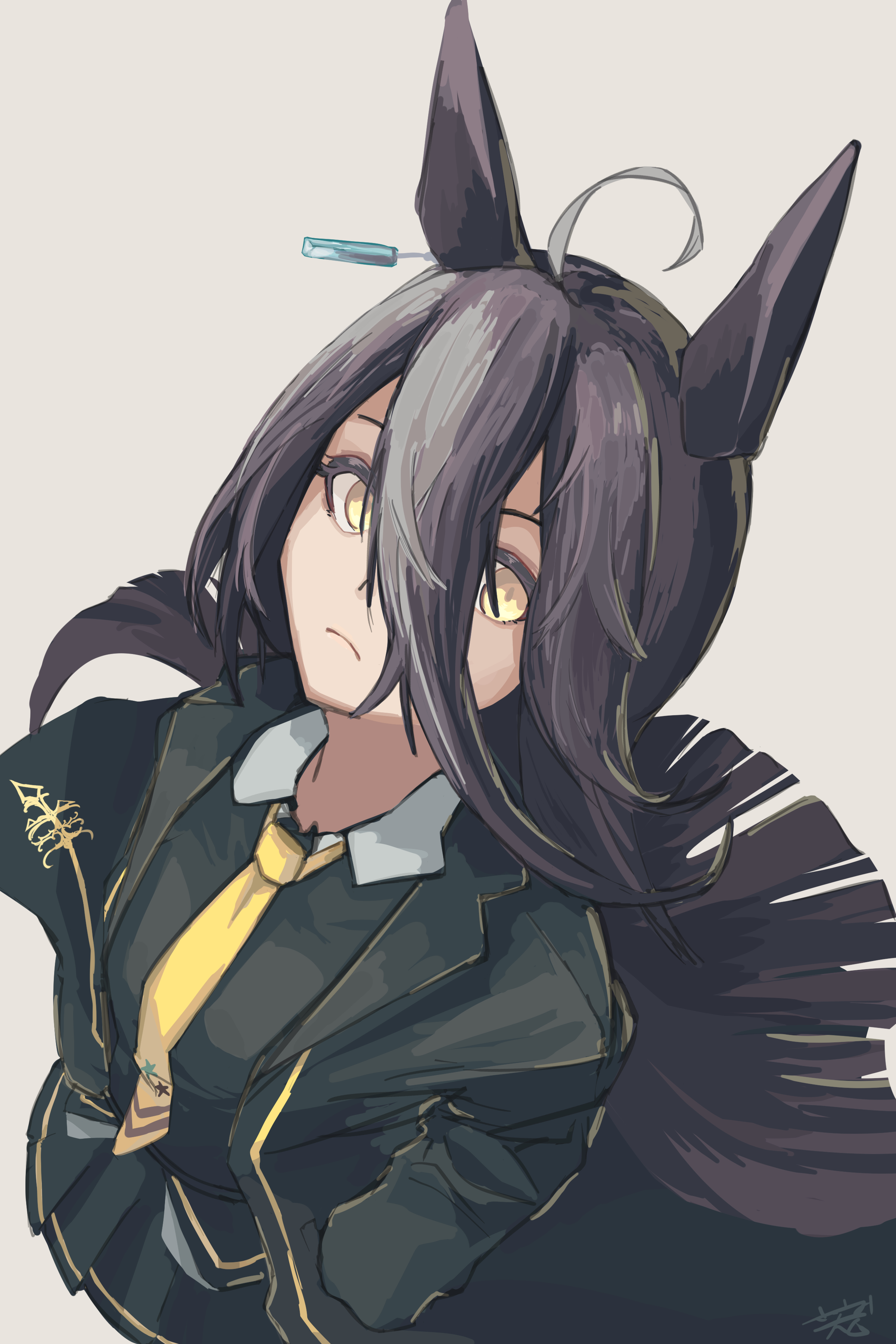 manhattan cafe (creeping black) (umamusume), manhattan cafe (umamusume), umamusume, absurdres, highres, 1girl, ahoge, animal ears, black coat, black hair, black shirt, black skirt, closed mouth, coat, collared shirt, ear tag, earrings, hair between eyes, hands in pockets, horse ears, horse girl, horse tail, jewelry, long bangs, long hair, long hair between eyes, long sleeves, looking at viewer, multicolored hair, necktie, sasami oishine, shirt, simple background, single earring, skirt, solo, tail, very long hair, white hair, yellow eyes, yellow necktie