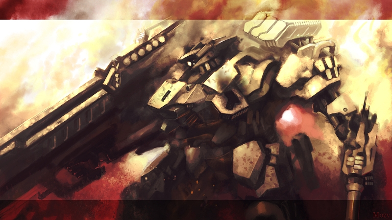 mozuo, armored core, fromsoftware, fire, gun, mecha, paint, robot, simple background, weapon