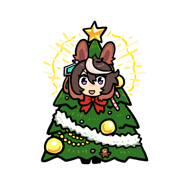 pikminpreggedup, symboli rudolf (christmas emperor tree) (umamusume), symboli rudolf (umamusume), umamusume, 1girl, animal ears, bow, brown hair, candy, candy cane, christmas ornaments, christmas tree, christmas tree costume, food, gingerbread man, hair between eyes, horse ears, horse girl, long hair, looking at viewer, multicolored hair, open mouth, purple eyes, smile, star (symbol), streaked hair, tree costume, white hair