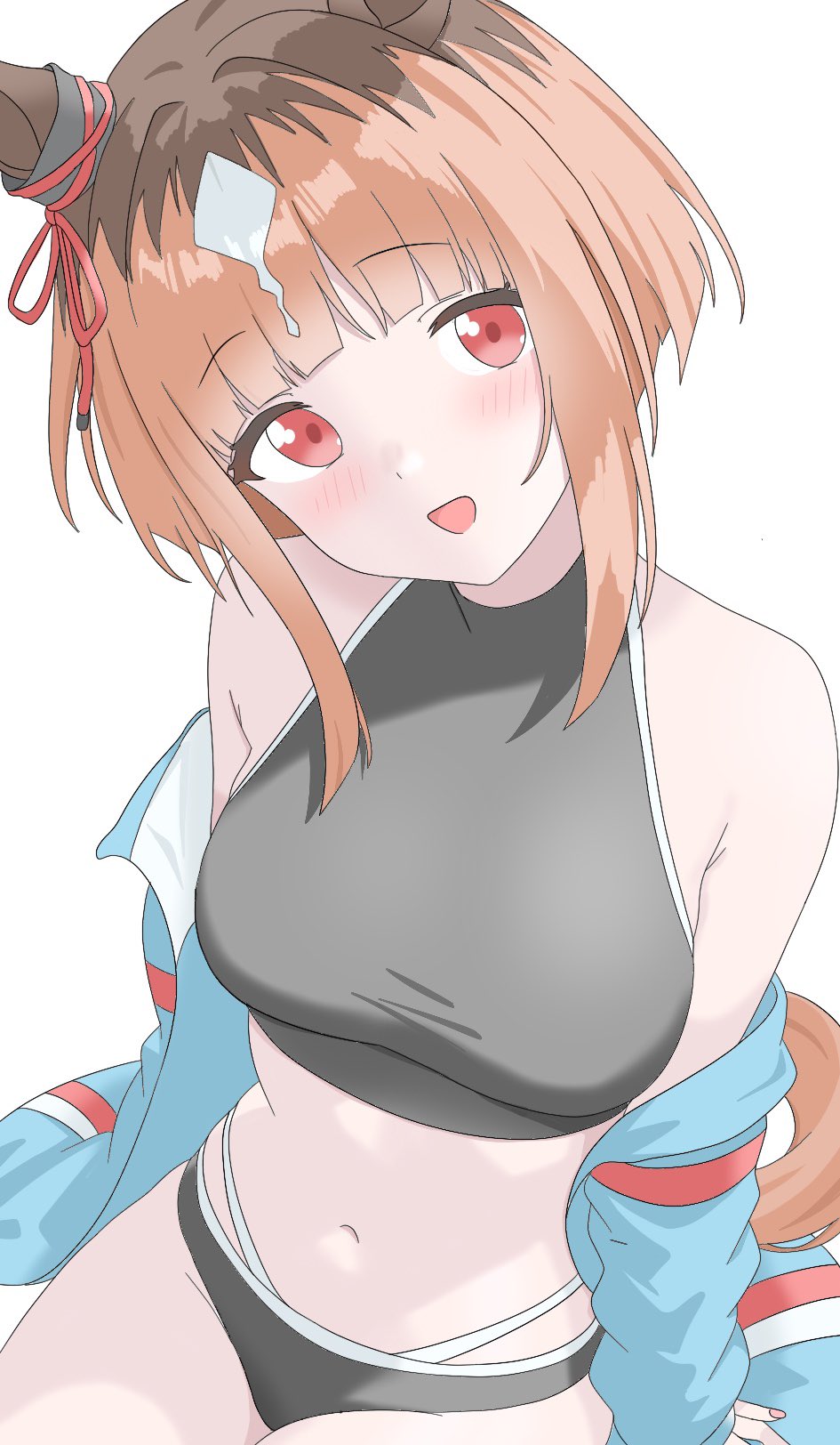 kurama (jpjvn42ej6tug5n), transcend (umamusume), umamusume, highres, 1girl, animal ears, bare shoulders, bikini, black bikini, blue jacket, blush, bow, breasts, brown hair, ear ornament, ear ribbon, horse ears, horse girl, horse tail, jacket, large breasts, long sleeves, looking at viewer, multicolored hair, navel, open clothes, open jacket, open mouth, orange hair, red eyes, short hair, simple background, smile, solo, stomach, swimsuit, tail, white background