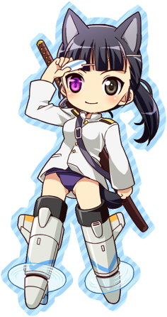 mochiya marosuke, sakamoto mio, strike witches, world witches series, uniform, lowres, 00s, 1girl, animal ears, black hair, eyepatch, female focus, heterochromia, no nose, ponytail, solo, striker unit, sword, tail, weapon