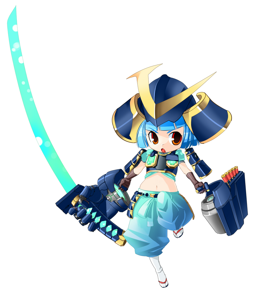 ryao, original, armor, blue hair, helmet, katana, midriff, short hair, solo, sword, tabi, weapon