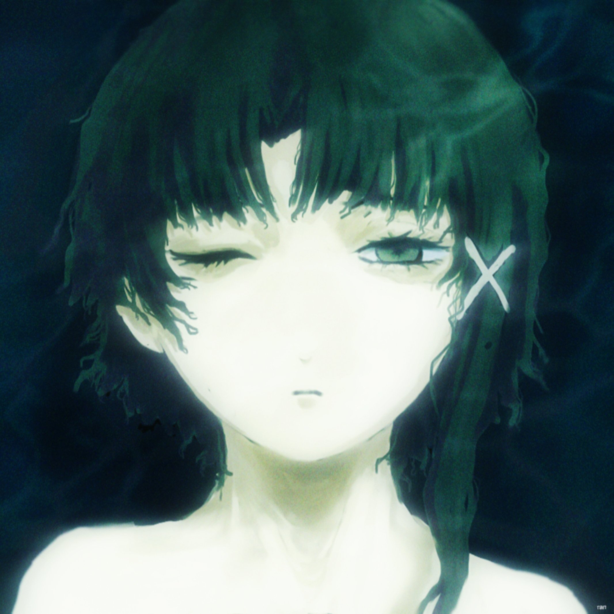 ranm12s, iwakura lain, serial experiments lain, highres, 1girl, closed mouth, hair ornament, looking at viewer, one eye closed, portrait, single sidelock, solo, straight-on, x hair ornament