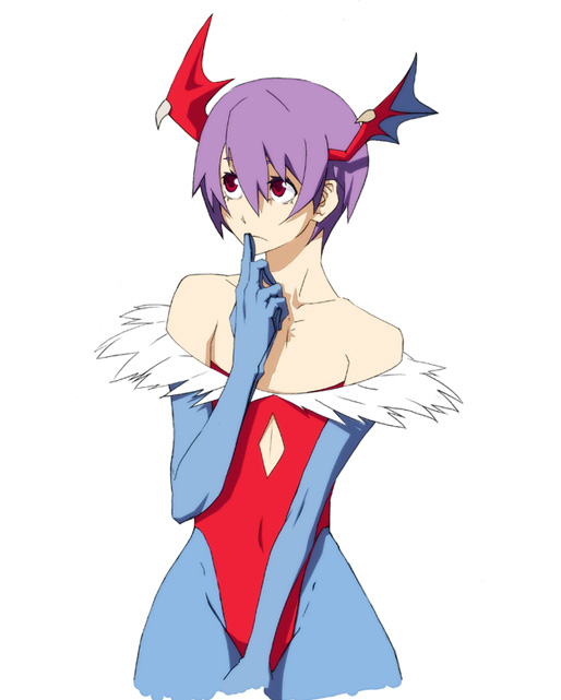rei (pixiv 187780), lilith (darkstalkers), capcom, darkstalkers, bad id, bad pixiv id, 1girl, bare shoulders, bat wings, demon girl, elbow gloves, female focus, flat chest, gloves, head wings, leotard, pantyhose, purple hair, red eyes, red leotard, short hair, solo, wings