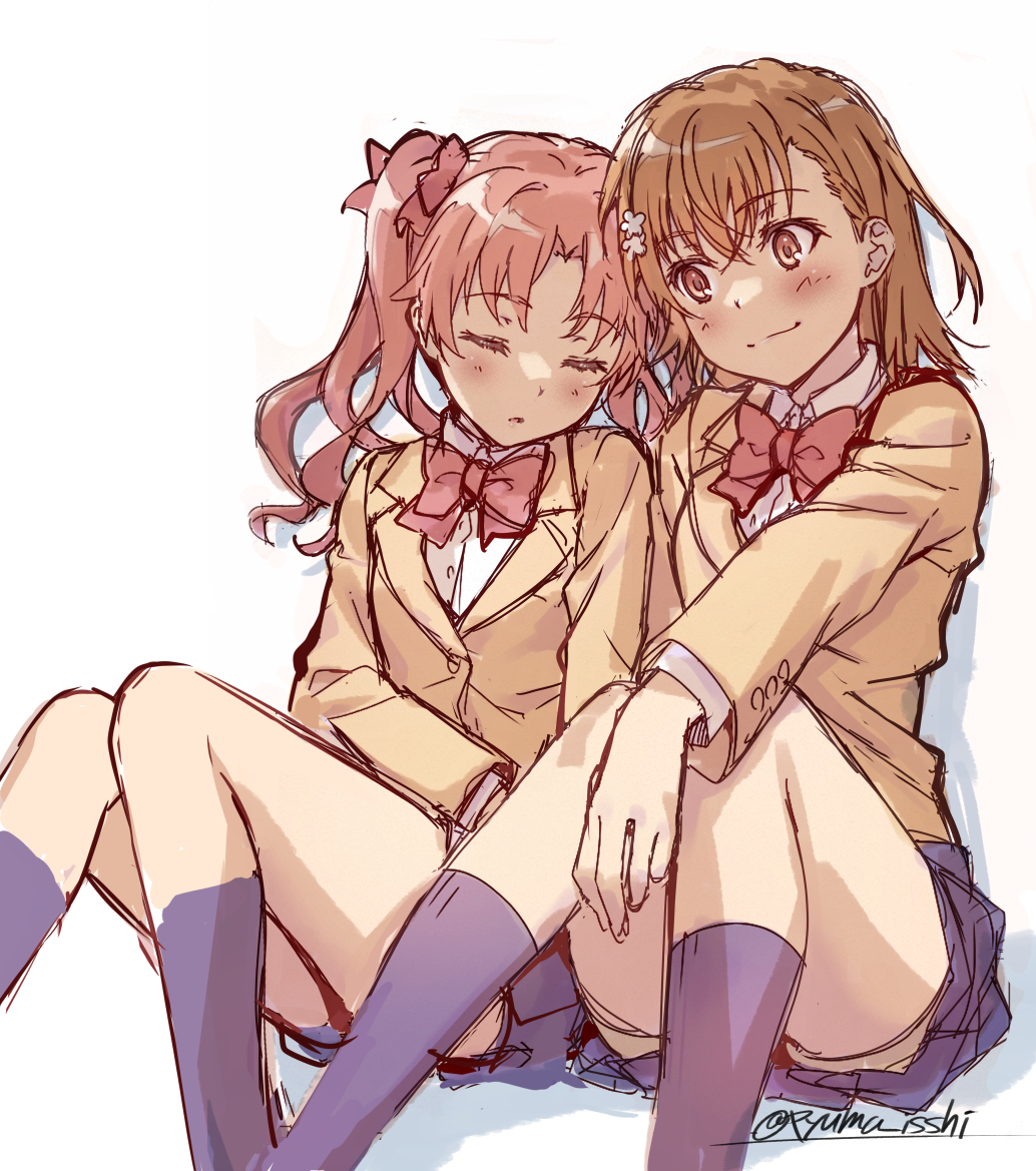 isshi pyuma, misaka mikoto, shirai kuroko, toaru kagaku no railgun, toaru majutsu no index, commentary request, 2girls, black socks, blue skirt, blush, bow, bowtie, brown eyes, brown hair, brown jacket, collared shirt, crossed bangs, dress shirt, flower, hair between eyes, hair bow, hair flower, hair ornament, jacket, kneehighs, knees up, long hair, long sleeves, looking at another, medium hair, multiple girls, parted lips, pink bow, pink hair, pleated skirt, red bow, red bowtie, school uniform, shadow, shirt, shorts, shorts under skirt, simple background, sitting, sketch, skirt, sleeping, smile, socks, tokiwadai school uniform, twintails, twitter username, white background, white shirt, winter uniform