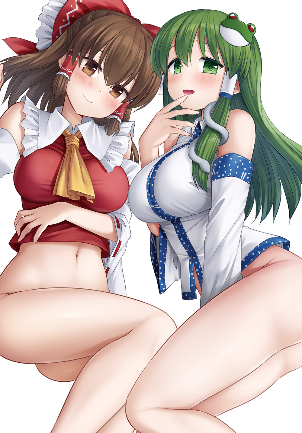 nagiyamasugi, hakurei reimu, kochiya sanae, touhou, commentary request, highres, 2girls, ascot, blush, bottomless, bow, breasts, brown eyes, brown hair, closed mouth, comiket 107, detached sleeves, frilled bow, frilled hair tubes, frills, frog hair ornament, green eyes, green hair, hair bow, hair ornament, hair tubes, large breasts, long hair, looking at viewer, multiple girls, navel, open mouth, red bow, ribbon-trimmed sleeves, ribbon trim, simple background, single hair tube, smile, snake hair ornament, white background, yellow ascot