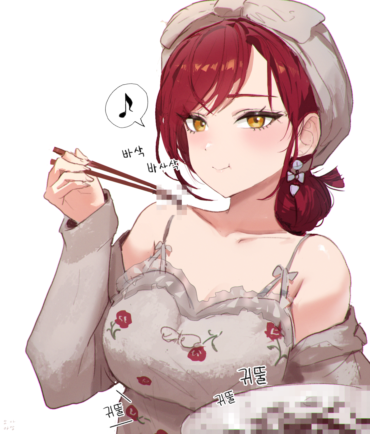 ohaaang, waktaverse, highres, 1girl, bad food, bare shoulders, bow, bow earrings, camisole, castle knight charlotte, censored, censored food, chopsticks, earrings, eating, floral print, grey camisole, grey shirt, hair bun, headscarf, holding, holding chopsticks, jewelry, long hair, looking at viewer, mosaic censoring, musical note, off shoulder, open clothes, open shirt, pajamas, plate, red hair, rose print, shirt, simple background, solo, spoken musical note, very low bun, virtual youtuber, white background, yellow eyes