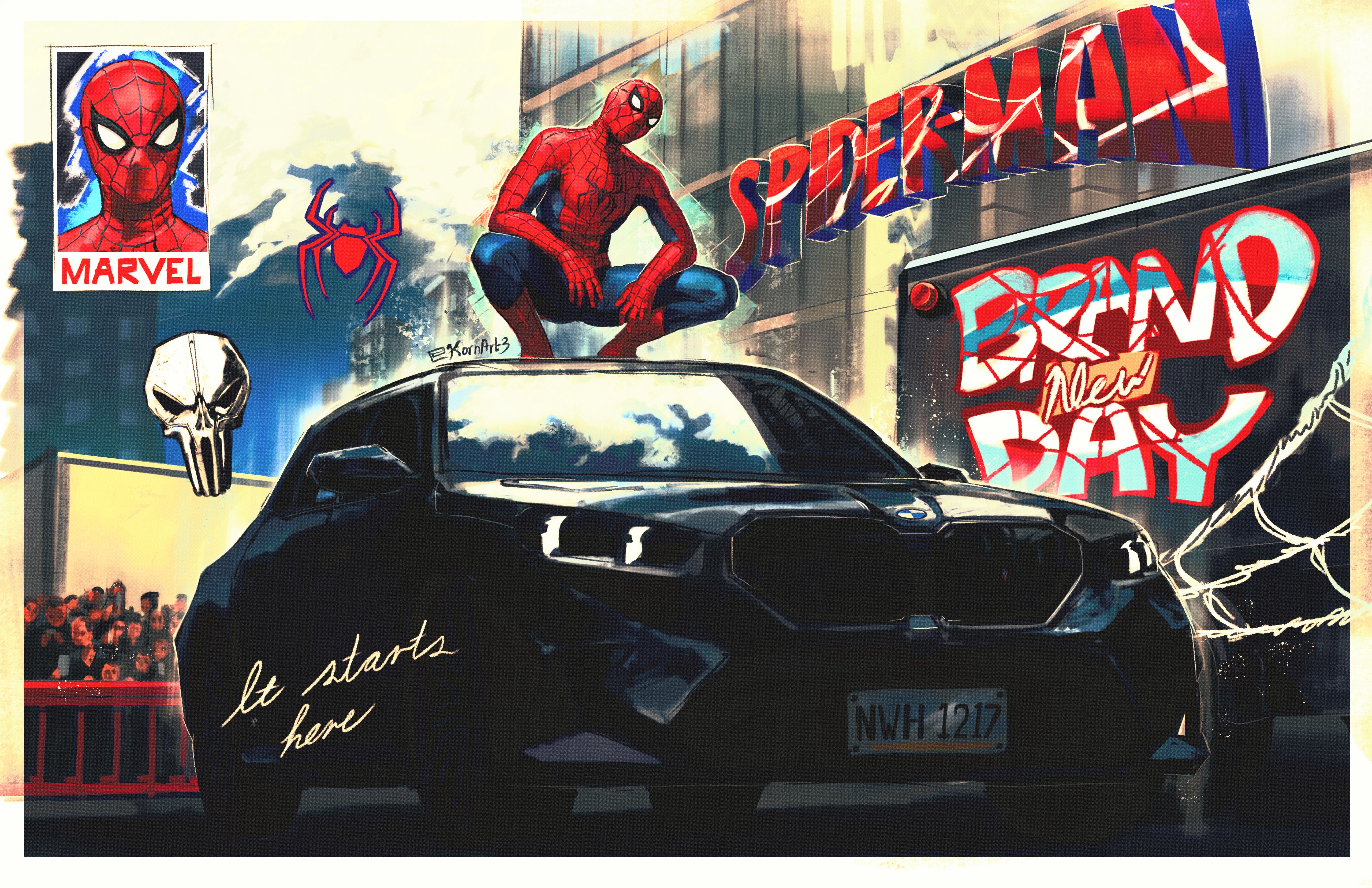 kornart, spider-man, marvel, spider-man (series), absurdres, highres, 1boy, blue bodysuit, bodysuit, car, crowd, male focus, motor vehicle, red bodysuit, red mask, solo, solo focus, superhero costume