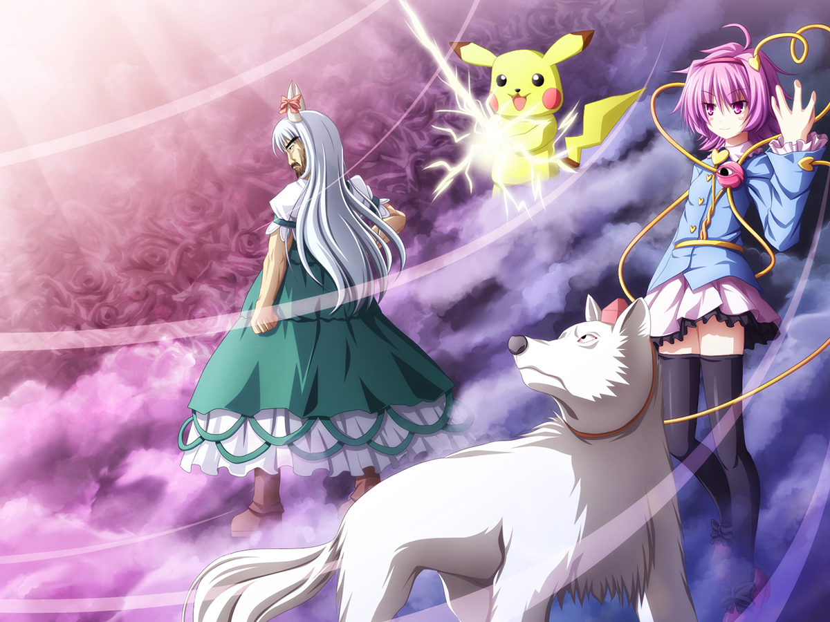 akashio (loli ace), ex-keine, inubashiri momiji, inubashiri momiji (wolf), kamishirasawa keine, komeiji satori, pikachu, nintendo, pokemon, touhou, bad id, bad pixiv id, 1boy, 1girl, beard, dog, electricity, facial hair, gen 1 pokemon, lightning, pokemon (creature), thighhighs, wolf