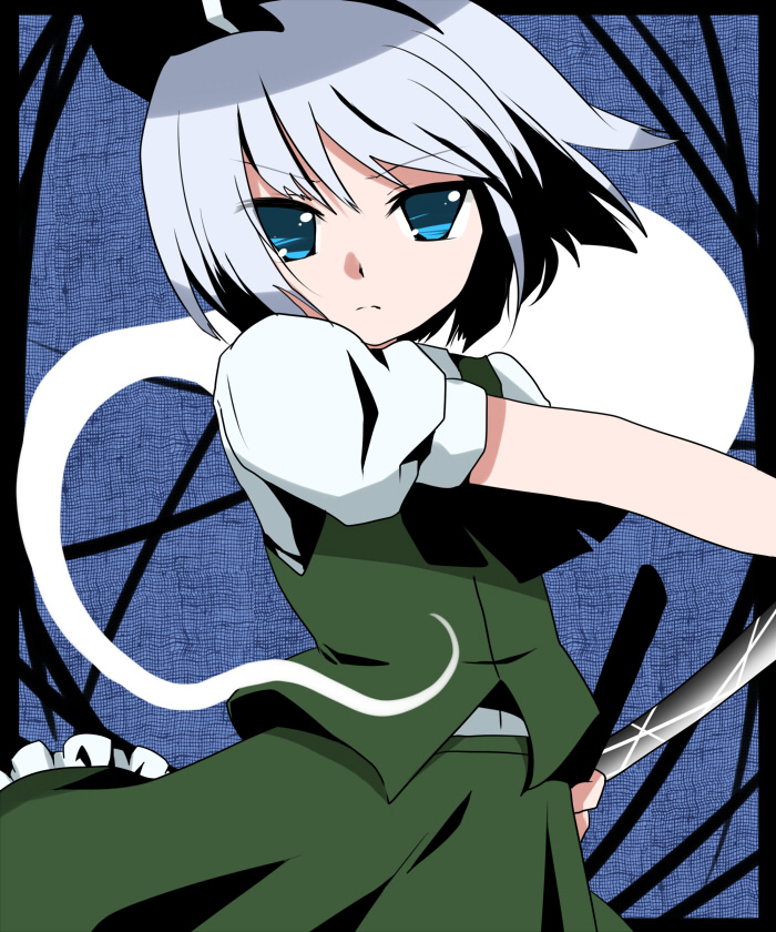 marimo danshaku, konpaku youmu, konpaku youmu (ghost), touhou, silver hair, bad id, bad pixiv id, 1girl, blue eyes, female focus, hair ribbon, hitodama, ribbon, short hair, solo