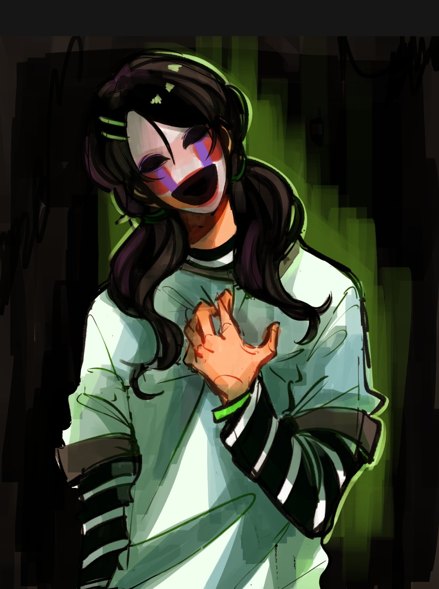 charlotte emily, five nights at freddy's, commentary, english commentary, highres, 1girl, black hair, black shirt, blush stickers, bracelet, clutching chest, crying, fried manto, hair ornament, hairclip, head tilt, jewelry, layered shirt, long hair, long sleeves, low twintails, shirt, solo, streaming tears, striped clothes, striped shirt, tears, twintails, white shirt