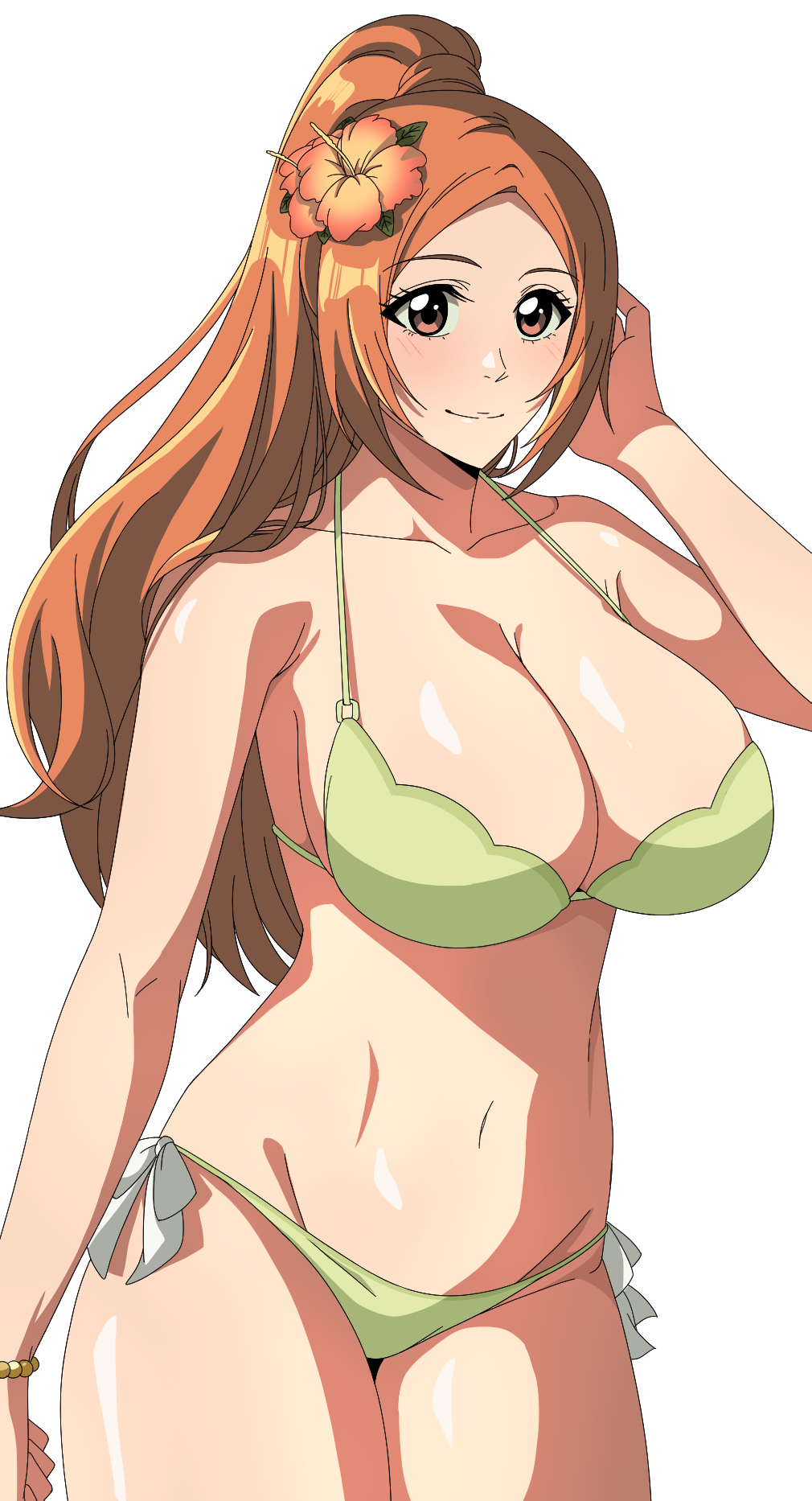 inoue orihime, bleach, bleach: brave souls, 1girl, bikini, bracelet, breasts, cleavage, flower, green bikini, hair flower, hair ornament, jewelry, large breasts, long hair, looking at viewer, navel, official alternate costume, orange hair, ponytail, smile, solo, swimsuit