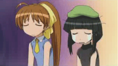 osana najimi (doujin work), tsuyuri (doujin work), doujin work, animated, animated gif, lowres, 00s, 2girls, antenna hair, blush, breast expansion, breasts, happy, hat, long hair, multiple girls, necktie, sweat, tears, very long hair