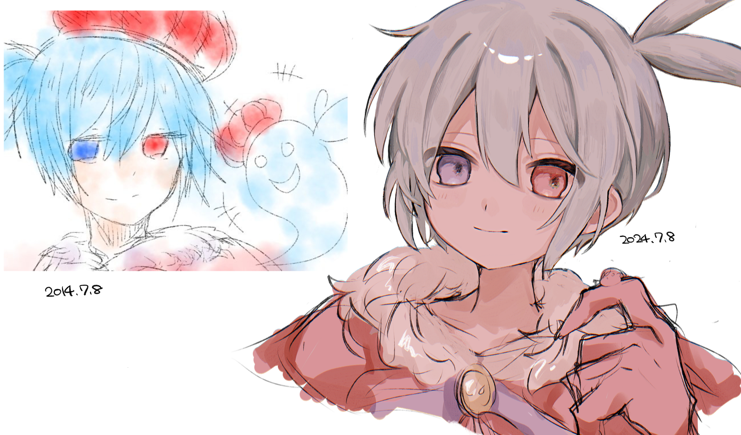 griffon0416, sig (puyopuyo), puyopuyo, commentary request, highres, 1boy, blue eyes, blue hair, closed mouth, dated, double-parted bangs, hair between eyes, looking at viewer, male focus, red eyes, short hair, sidelocks, simple background, smile, solo, upper body, white background