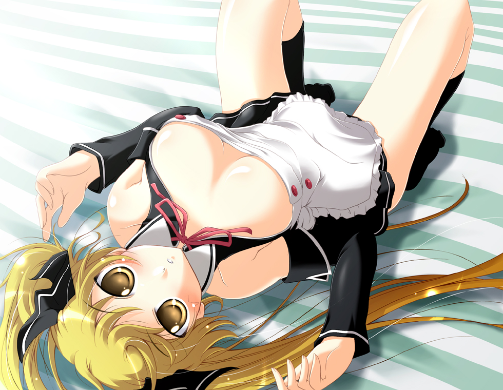 na! (na'mr), mian (dream c club), dream c club, dream c club (series), bad id, bad pixiv id, 1girl, blonde hair, breasts, cleavage, detached sleeves, female focus, long hair, lying, socks, solo, thighhighs, twintails, yellow eyes