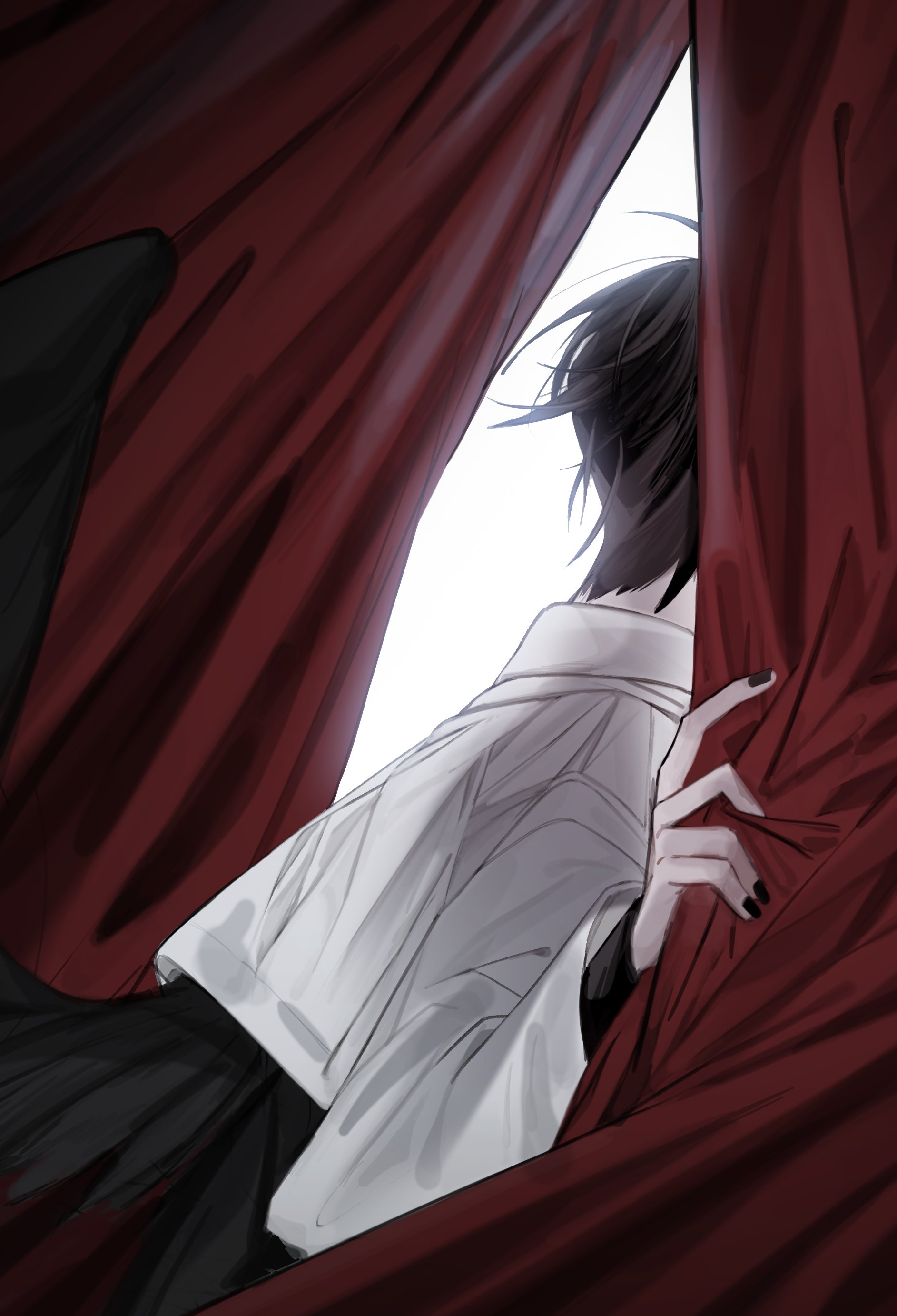 hayu beck, kim dokja, omniscient reader's viewpoint, absurdres, highres, 1boy, black hair, black nails, black shirt, coat, curtains, facing away, leaving, male focus, official alternate costume, shirt, short hair, solo, white coat